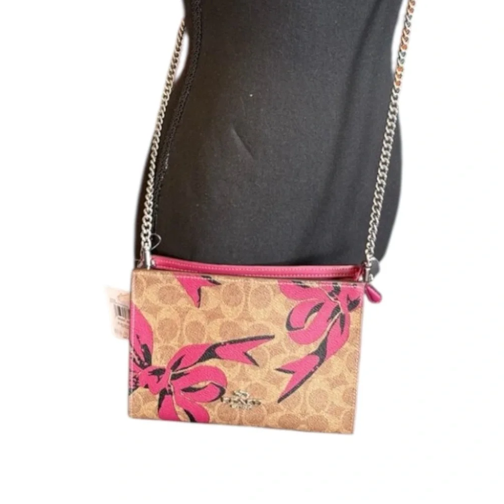 Coach Slim Crossbody Bag Optional Chain in Signature Canvas with Bow Print | NWT